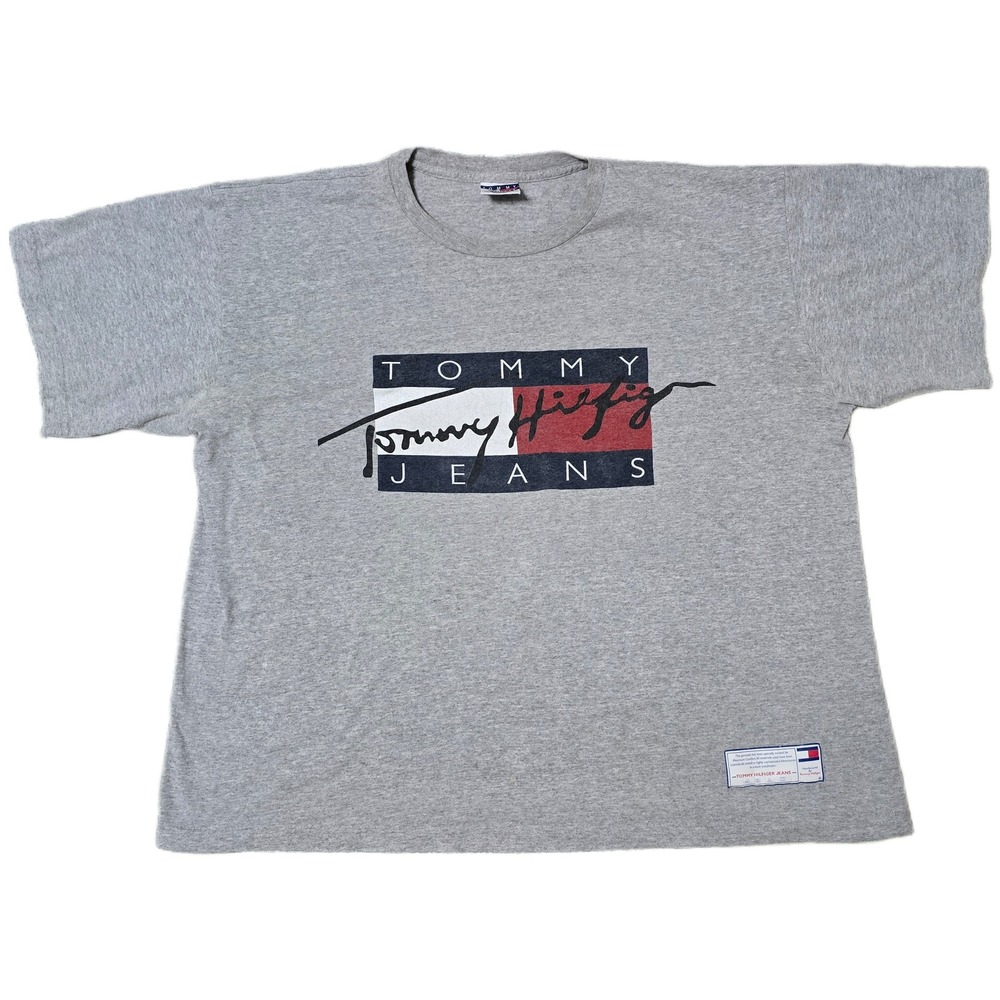 90's Tommy Hilfiger Jeans T Shirt Mens XL Gray Logo Spell Out Made in USA (F)